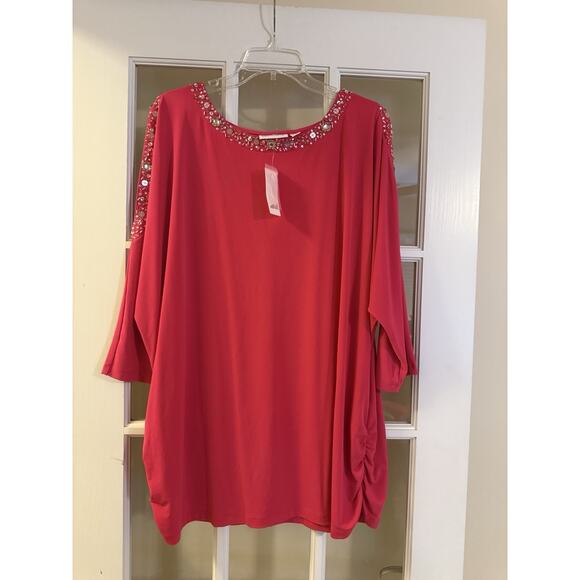 NWT Susan Graver Liquid Knit Blouse Beaded Pink Cold Shoulder 3XL Comfort - Picture 6 of 10